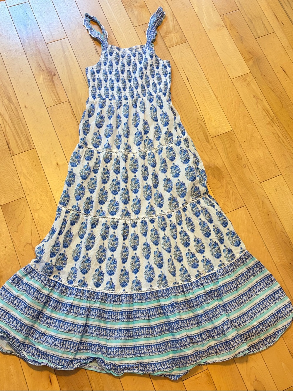 Playa Lucila Smock Border Dress Blue White Floral Print Maxi size small - Picture 8 of 9